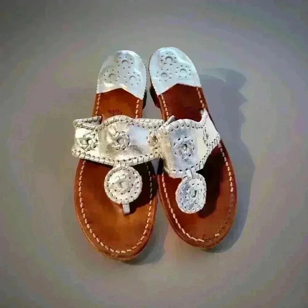 Jack Rogers Silver Pewter Navajo Leather Thong Style Sandals Size 6 M